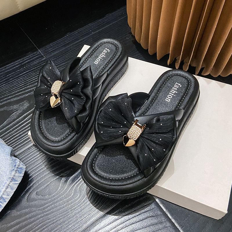 Ladies 2025 summer muffin bottom high appearance level all match slippers outside to wear a thick bottom bow one line female slippers