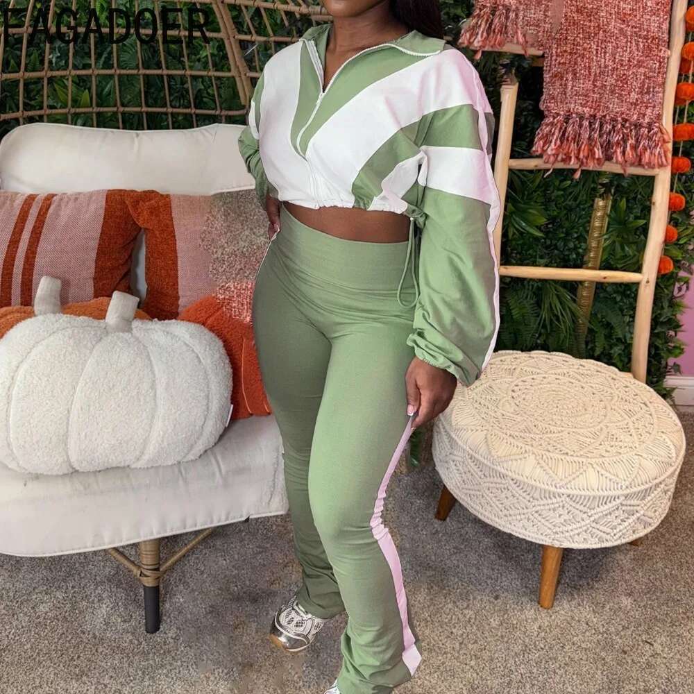 FAGADOER Spring New Casual Two Piece Outfits Woman Color Block Long Sleeve Zipper Jacket And Jogger Pants Tracksuit Streetwear