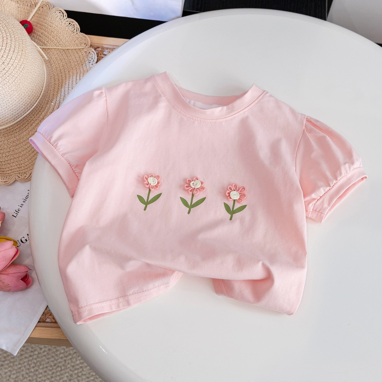 Ddmyshoesvip Girls Short Sleeves Edition Pure Cotton Korean Cute Baby Girl Western Style Three Dimensional Flower Children S T Shirt Summer Fashion