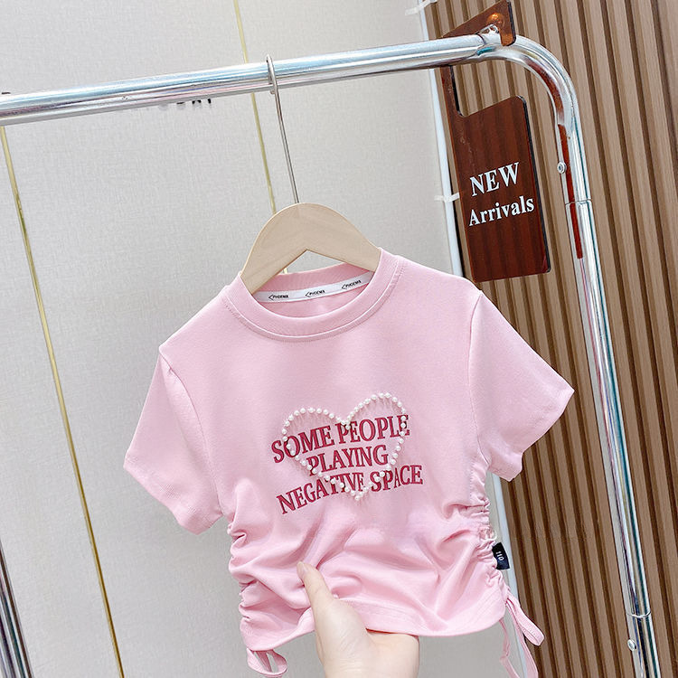 Ddmyshoesvip Korean Version Clothing Girls Summer Fashion Minimalist Letter T Shirt Children S Ice Silk Drawstring Short Sleeved Top