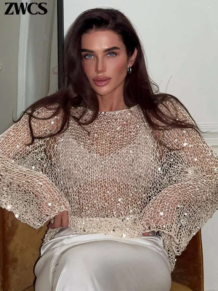 Fashion Sequins Hollow Out Pullover Women Loose O-Neck Long Sleeve Sweater 2025 Spring New Lady Knit Shiny Shirt Tops Streetwear