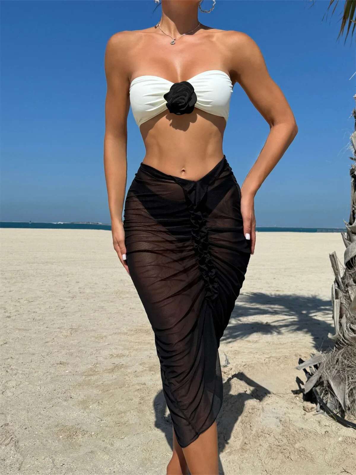 Dongdumaoyi Sexy D Floral Bandeau Bikini Set Women Black White Patchwork Skirt Piece Swimsuit Beach Bathing Suit High Waist Swimwear