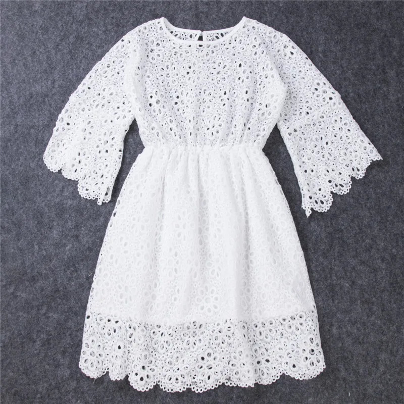 Family Matching Dress Mother And Daughter Long Sleeve Hollow Out White Dress For Girls And Women Party Summer Beach Dress 250407