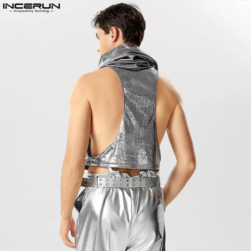 Mens Tank Top Sparkling V-neck Sleeveless Solid Irregular Vest Street Clothing Party Fashion Mens Crop Top S-5XL INCERUN 250402