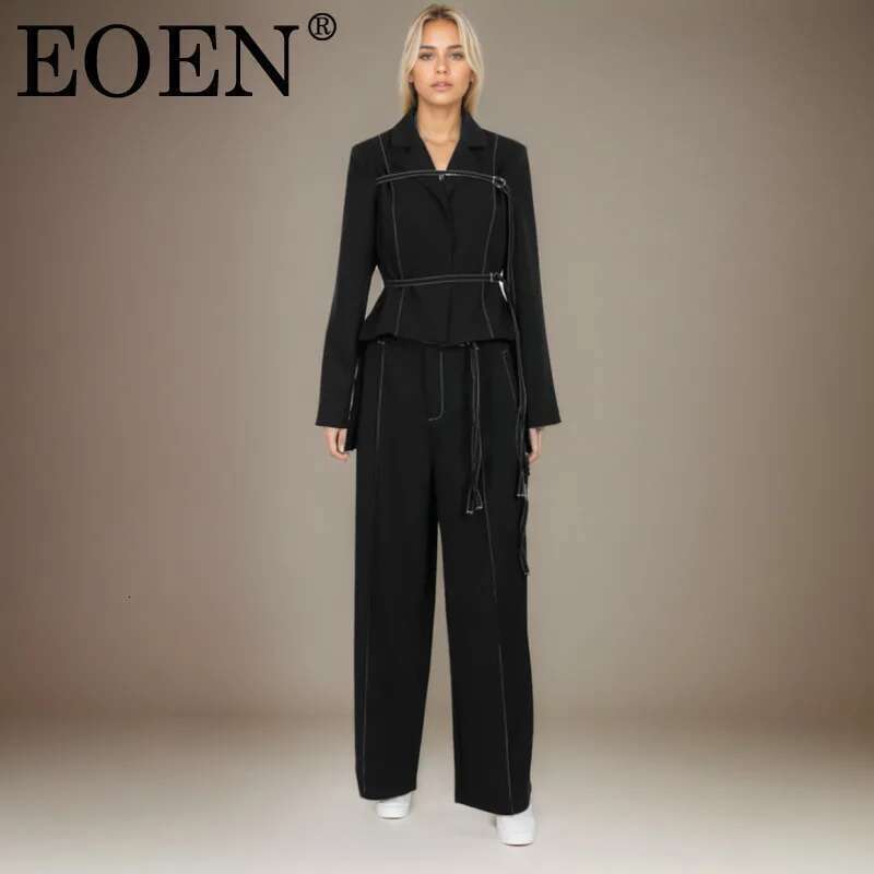 EOEN Fallow High Quality Trouser Suit Woman Lace-Up Belt Jackets And Slacks Ladies Detail Cutting Two-Piece Set 2025 Summer