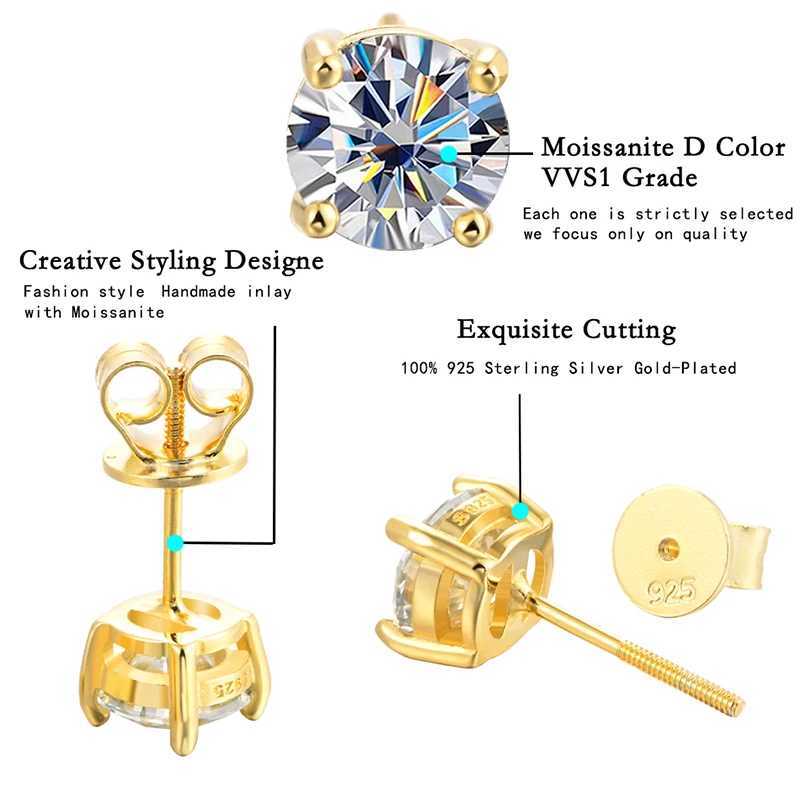 ALIZERO D Color Moissanite Stud Earrings 925 Sterling Silver 18K Gold Plated Lab Grown Diamond Screw Ear Studs For Women JewelryC250407