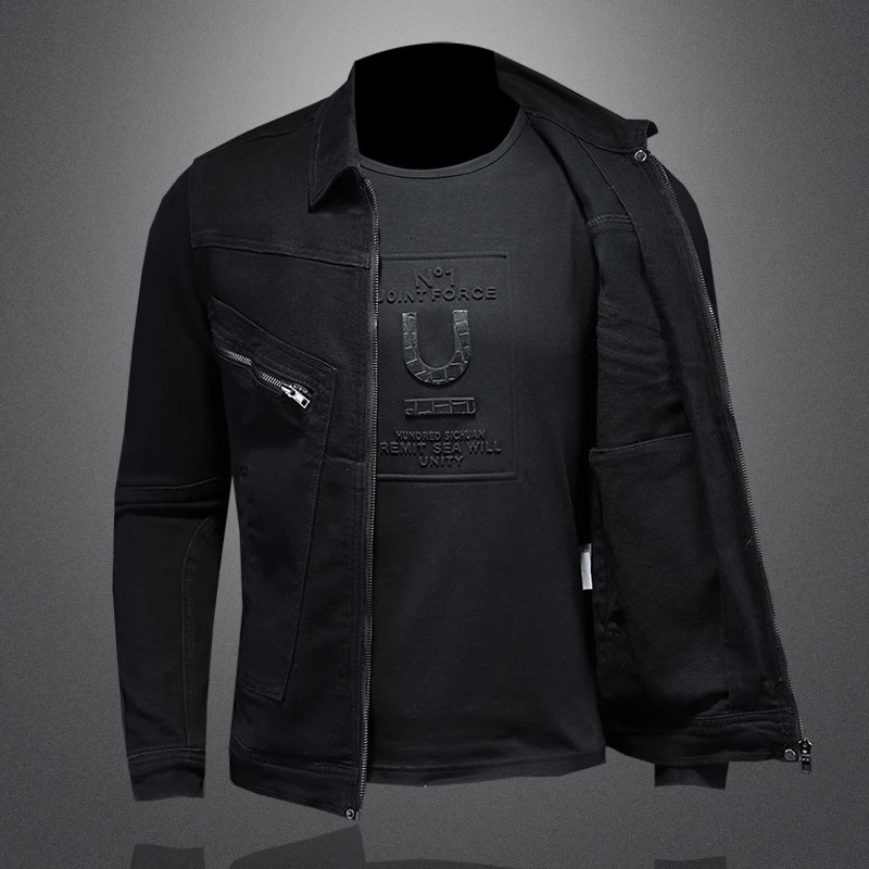 High quality fashionable handsome trend classic denim jacket black gold zipper bike multi mens winter snow 250408