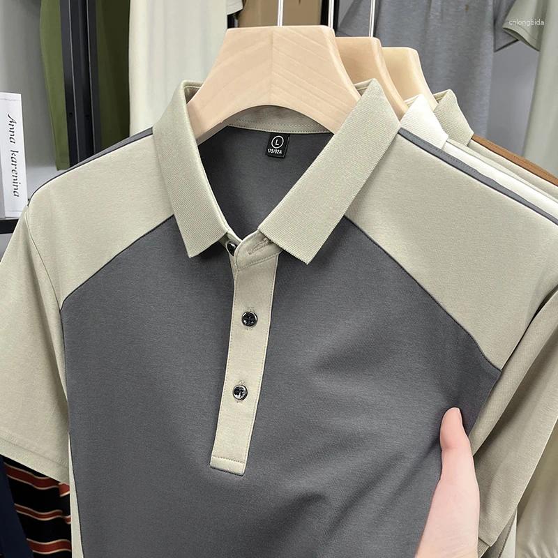 Men's Polos Fashion Color Blocked Short Sleeve Polo Shirt Summer High-end Silk Cotton Soft Breathable Item Casual Lapel T-shirt