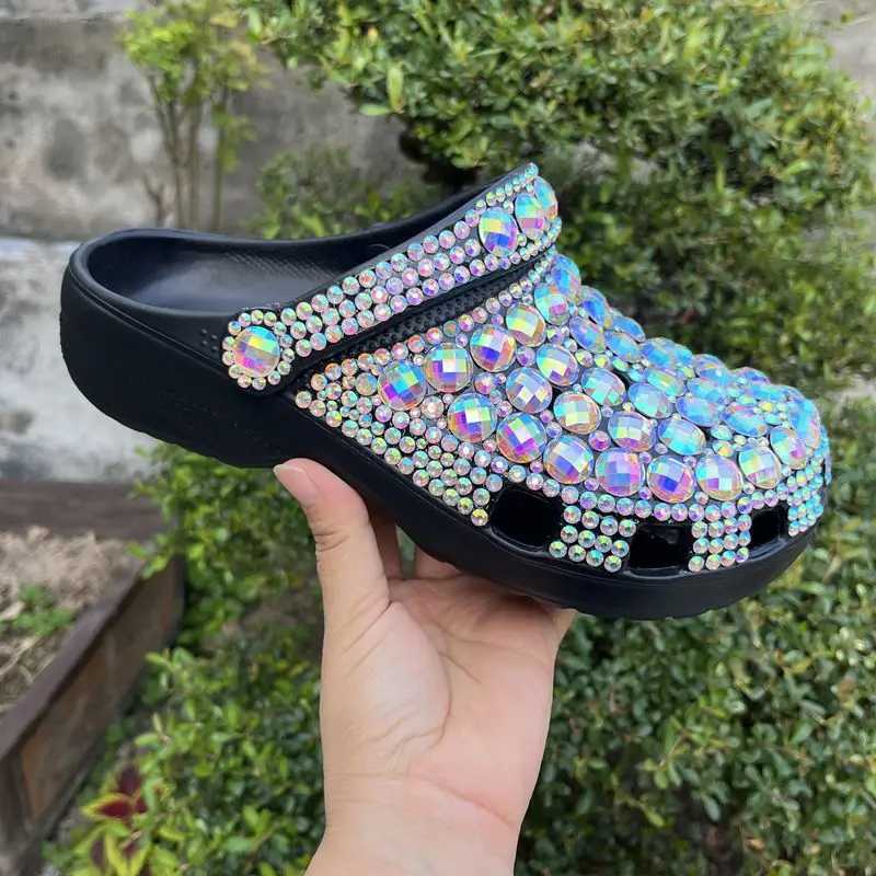 New Arrival EVA new single hole shoes womens summer womens slippers handmade diamond sandals shiny large diamond black slippers size 36-45 T250407