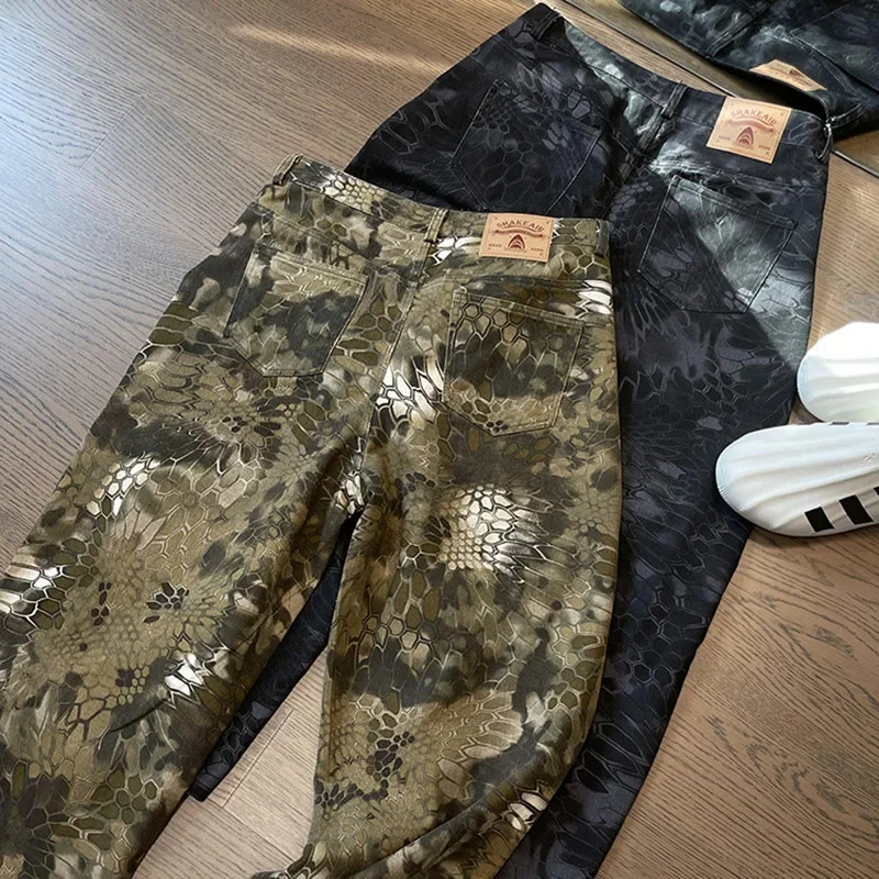 mens fashion snake print street clothing jeans casual denim pants American graphic hip Trouser 250408