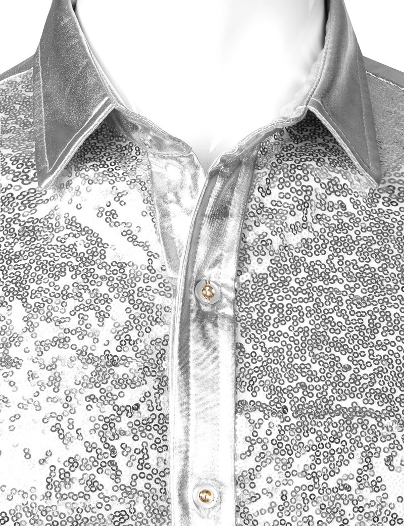 Silver Metallic Sequins Glitter Shirt Men 70s Halloween Costume Chemise Homme Stage Performance Shirt Male 250408