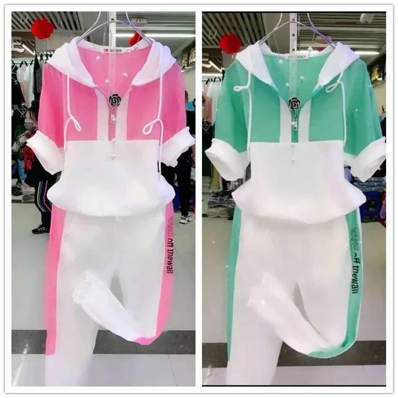 2025 Summer New Women's Tracksuit Loose Fashion Casual Short Sleeve Hooded Top Pants Two Piece Sets Sweat Suit For Women Clothes