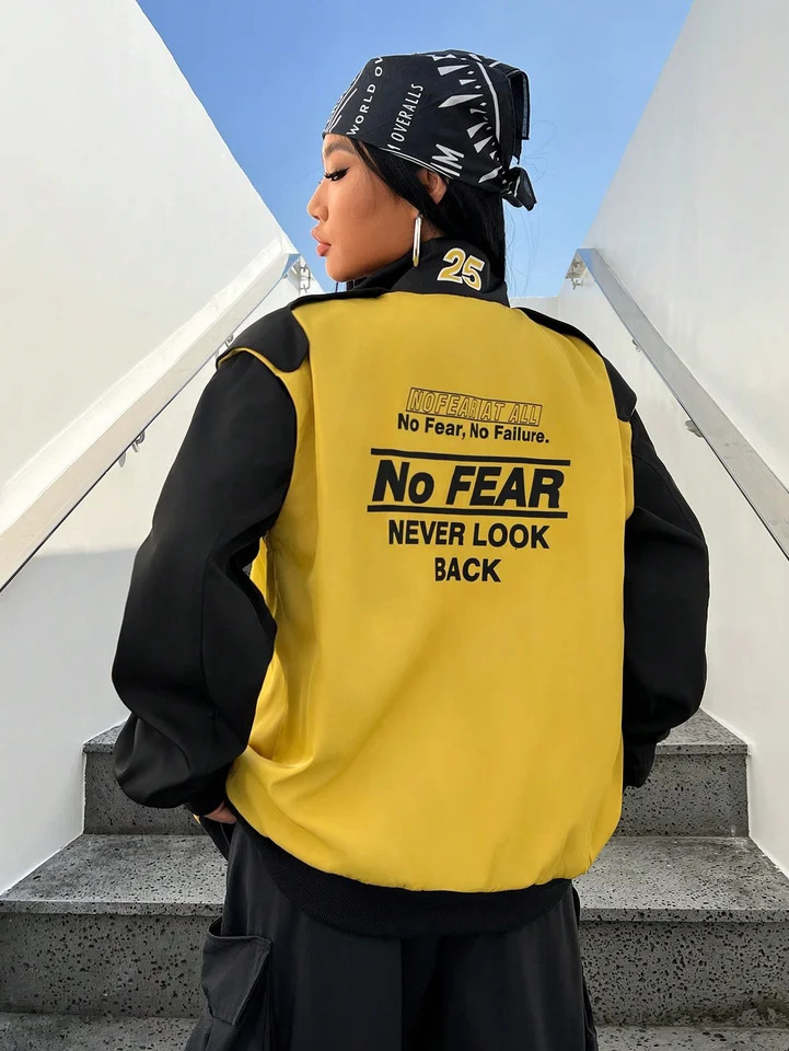 Black and yellow shoulder patchwork womens heavyduty industrial jacket 250407
