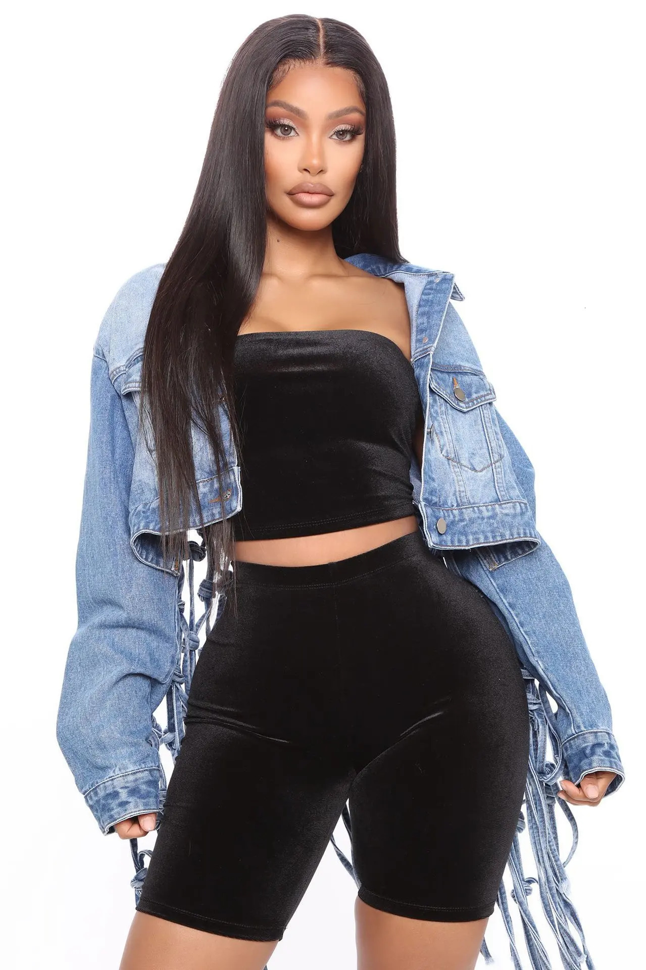 Womens Spring Jacket Denim Trimmed Mesh Tassel Sexy n Retro Coat Oversized Y2K Short Jeans 250407
