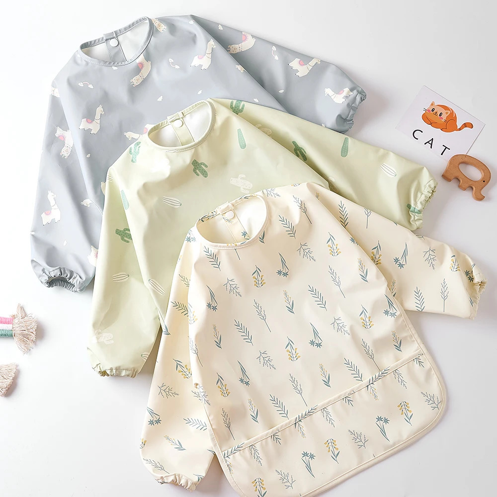 HappyFlute Danish Style PU Fabric Cute Waterproof Long Sleeves With Snap Overalls Large Pockets Dirty Free Feeding Bib 250408