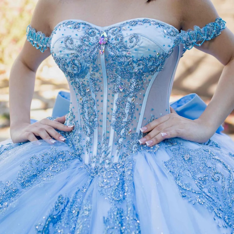 Sky Blue Quinceanera Dresses Off Shoulder Ball Gown Sweet 16 Dress Applique Lace Beads Bow Tull Birthday Party Vestidos 15 De Anos