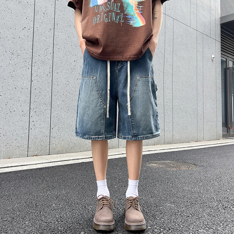 Mens loose straight leg elastic waist mid length washed denim jeans shorts 250402