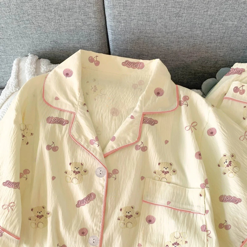 Cute Cherry Bear Printed Womens Pajamas Fashion Casual Milk Silk Home Clothes 3 pieces SpringSummer Short sleeved 250403