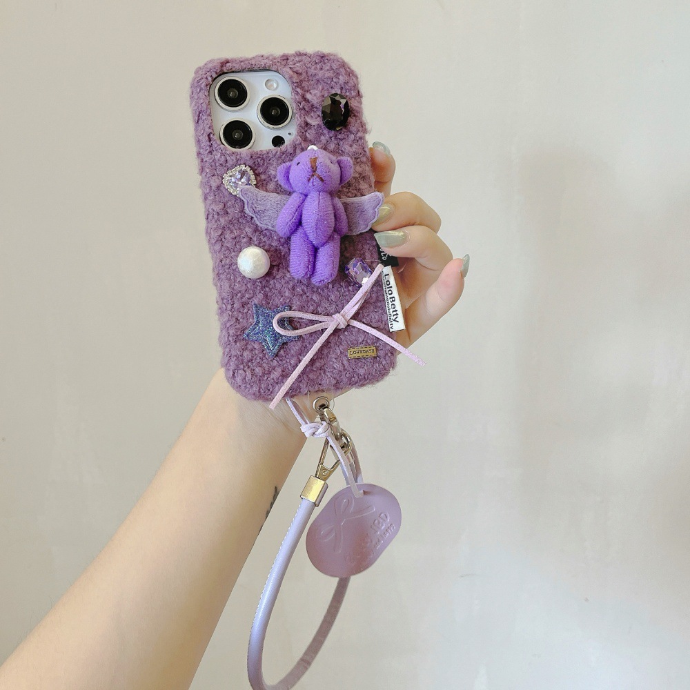 Rhinestone Plush Bear Cartoon Phone Case Compatible with iPhone 17/16 Pro Solid Color Lanyard Case iPhone 15 Niche 14