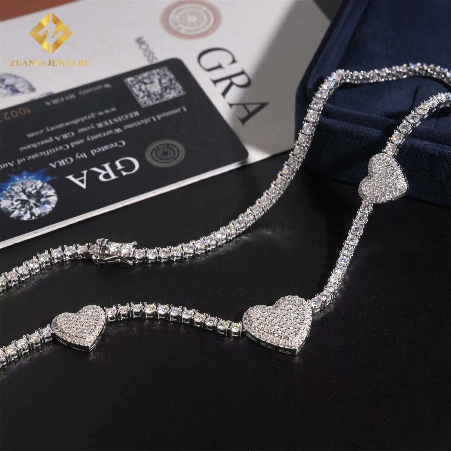 Iced Out Worldwide Shipping VVS 3MM Moissanite Heart Style Tennis Necklace 925 Silver Fashion Tennis Chain Moissanite Jewelry
