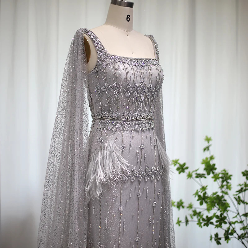 Sharon said sparkling grey mermaid evening gown with Cape feathers Dubai formal dress customized SS279 for womens wedding parties 250402