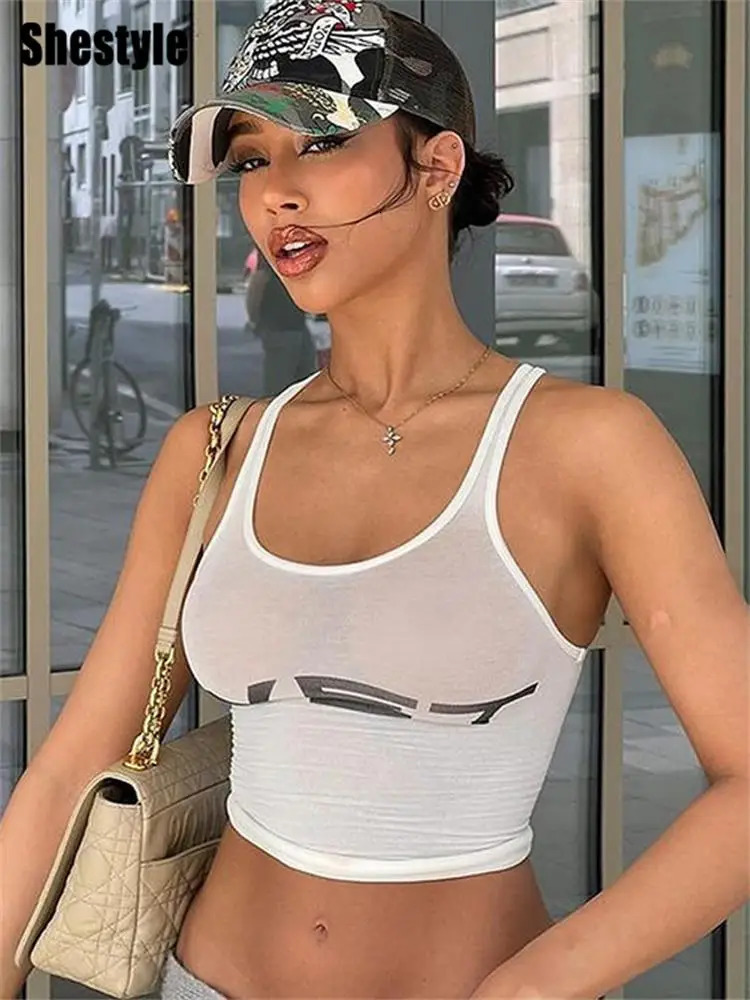 Shestyle Wet Letter Print White Tank Top Transparent Sexy Sleeveless Crew Neck Crop Camisole Streetwear Summer Y2K 250407