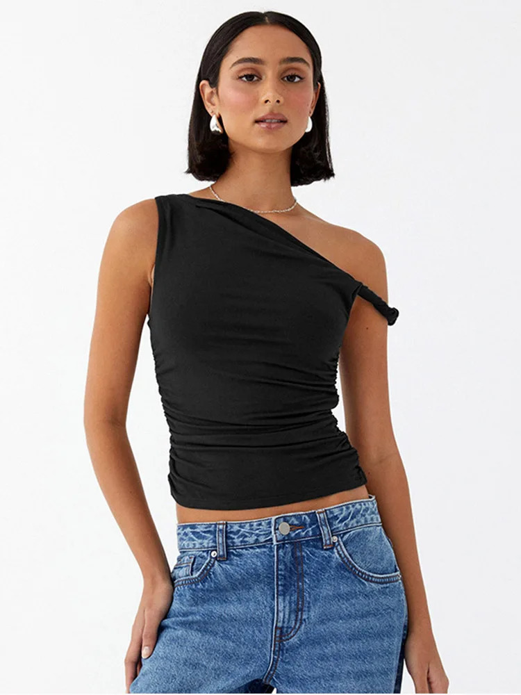 Simple Basic Casual Summer Tank Top Sleeveless Solid Color Off Shoulder Side Ruched Crop Tops Vestidos Spring Women T S 250407