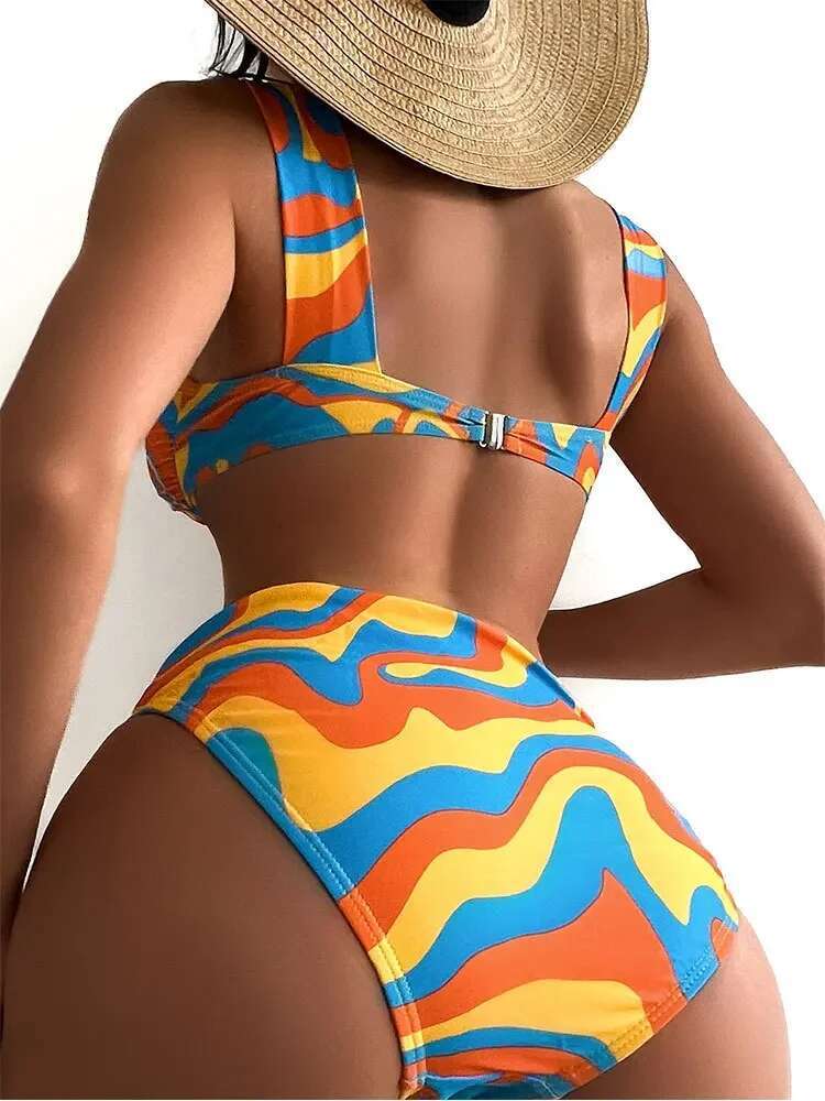 Dongdumaoyi Sexy Underwire Bikini Set Women Orange Wave Designer Halter Cross High Waist Swimsuit Summer Bathing Suit Piece Swimwear