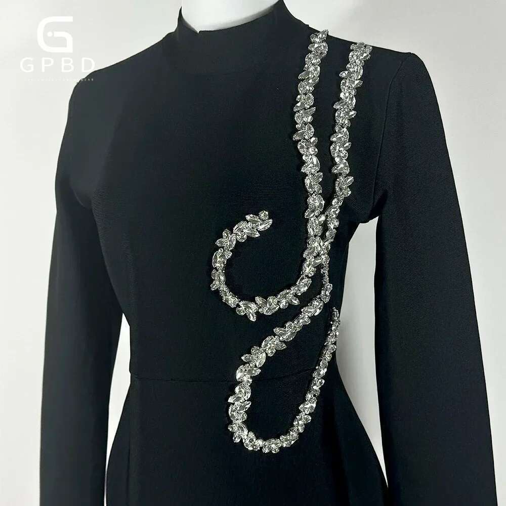 GPBD 2025 New Black And Slim Beaded Sleeve Bandage Long Dress Maxi Dresses For Women