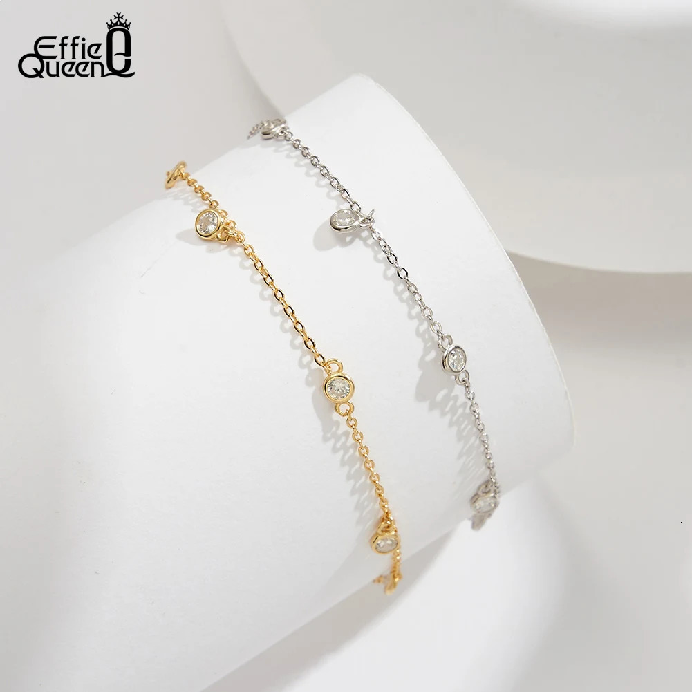 Effie Queen 925 Sterling Silver Row Cubic Zirconia Beaded Ball Chain Anklet for Women Fashion Foot Ankle Straps Jewelry SA70 250403