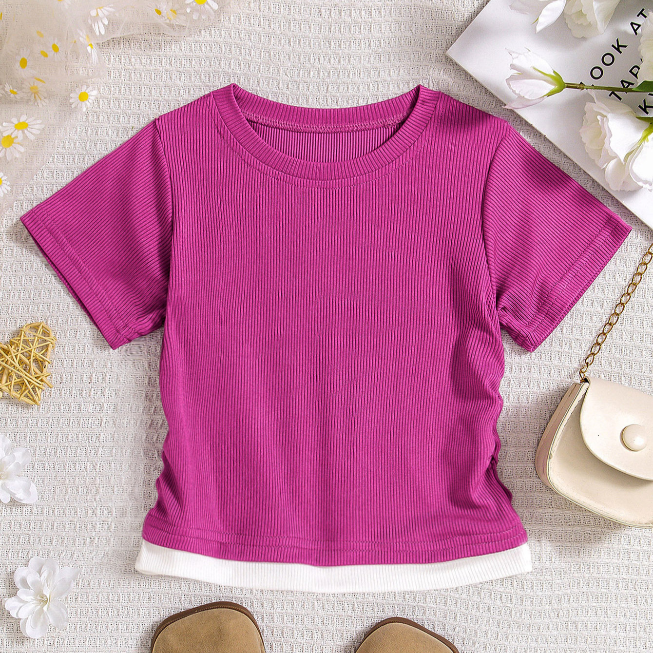 Ddmyshoesvip Splicing Fake Two Slim Fit T Shirts Contrasting Colors Sexy Short Style Girls Solid Color Pleated Design Top