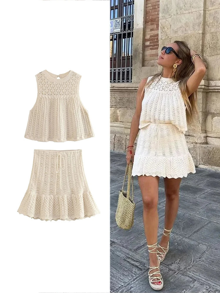 TRAF Womens Fashion Jacquard Skeleton Knit Set Skull Embroidery n Sleeveless Camisole Tank Mini High Waisted Shorts 250408