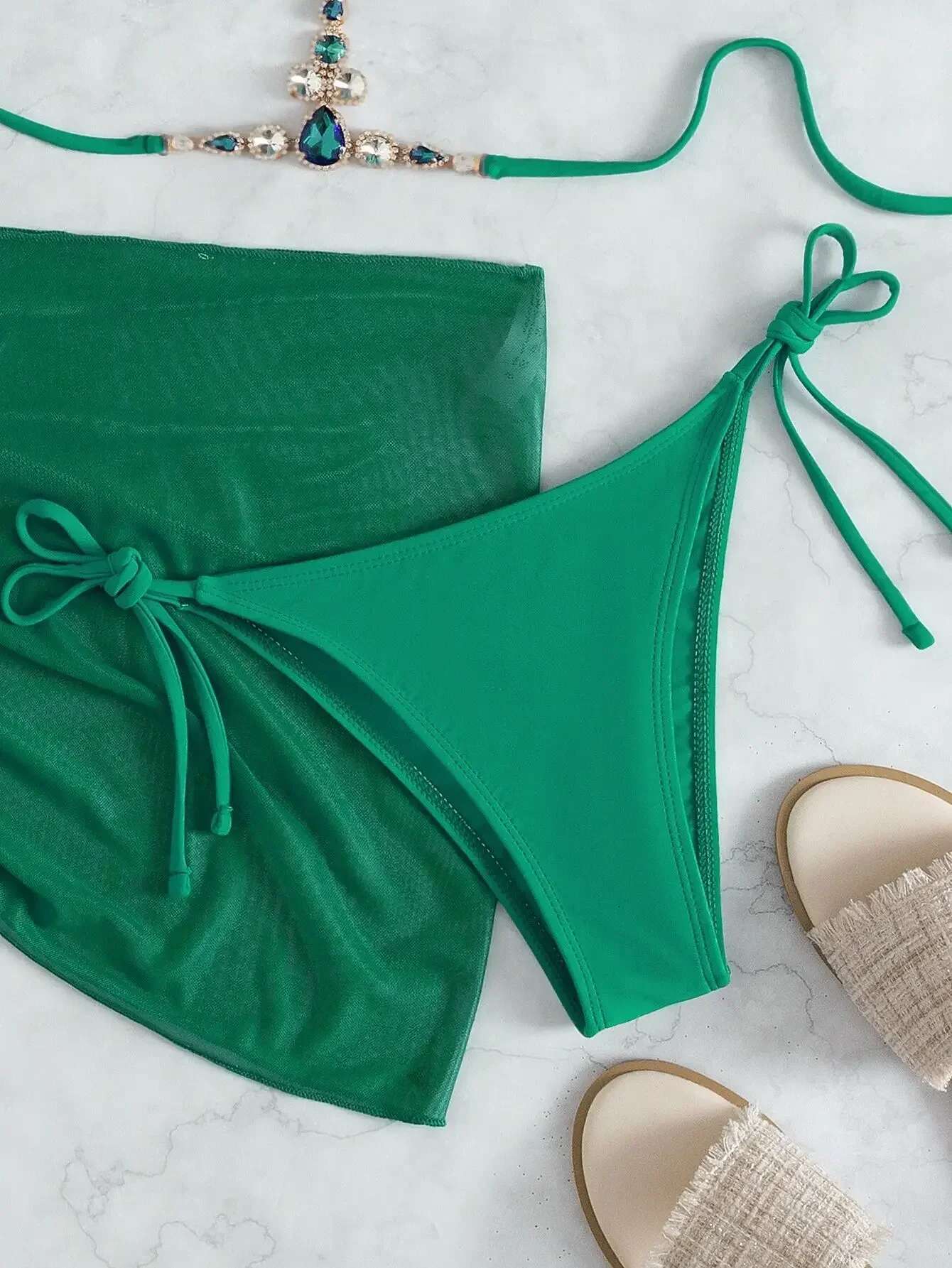 Dongdumaoyi Pieces Mesh Skirt Swimwear Women Luxury Green Red Rhinestone Designer Bikini Set Bathing Suit Cover Up Thong Swimsuit