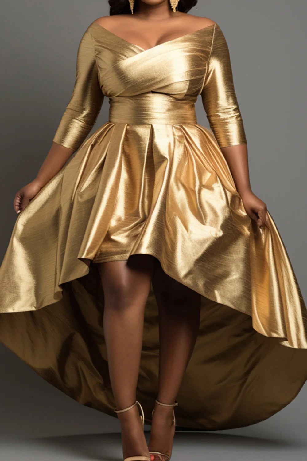 Large Cocktail Party Gold Shoulders 34 Sleeves Asymmetric Hem Sparkling Long Dress 250401