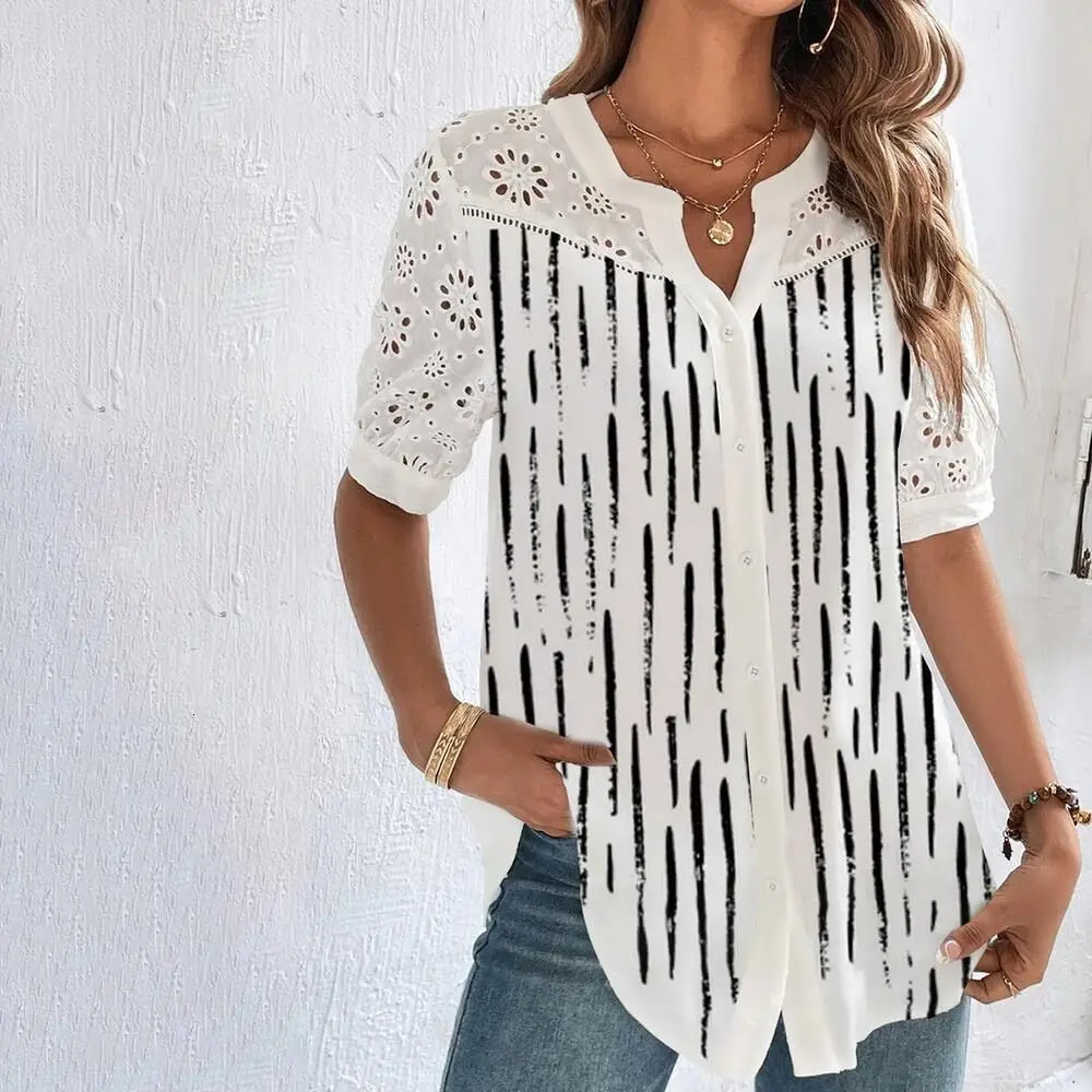 Temperament Casual Lace Woman Shirt Fashion Loose Shirt Woman Elegant Short Sleeve Blouse Holiday Weekend 250401