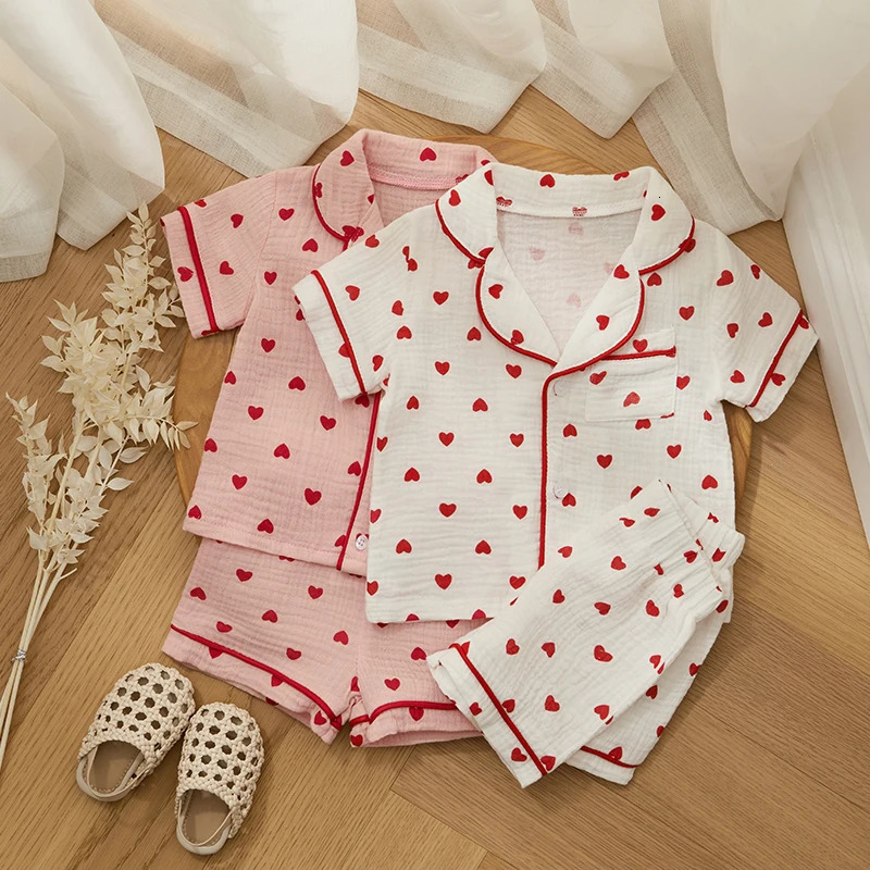 Summer Baby Girl Boy Pajama Set Cotton Linen Button Down Clothes Short Sleeve Heart Print Tops Shorts Kids Loungewear Sleepwear 250407