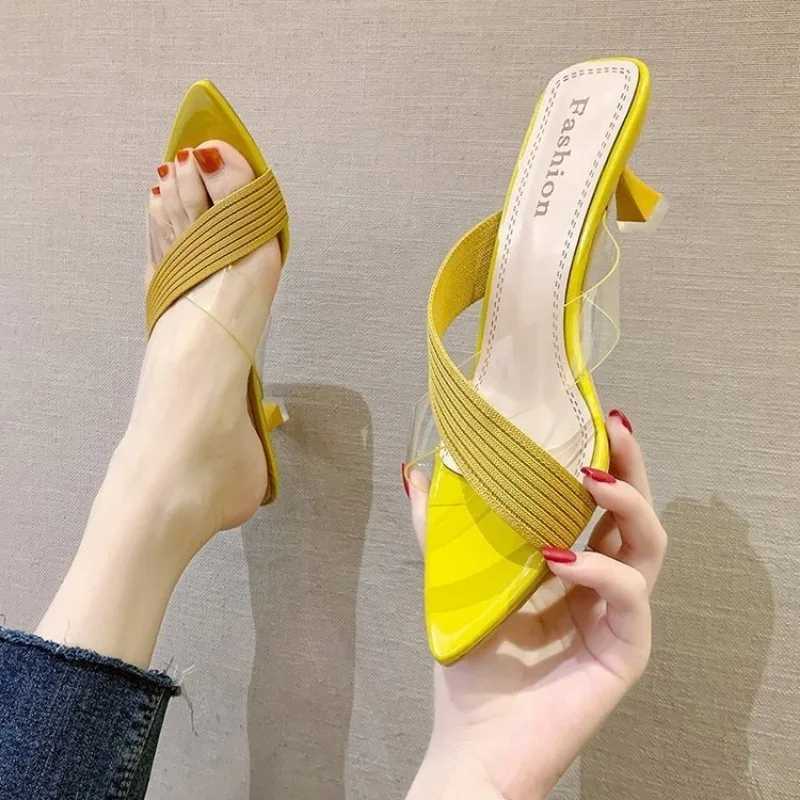 Summer womens yellow green beige pump womens sandals sexy mule high heels slider new 2024XJ250407
