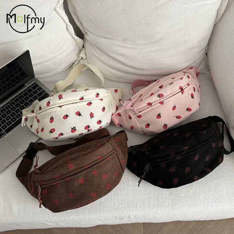 Waist Bag Womens Corduroy Fanny Bag Strawberry Pocket Fashion Chest Handbag Sports Travel Wallet Flat Waist Bag Abdominal Bag Z250407