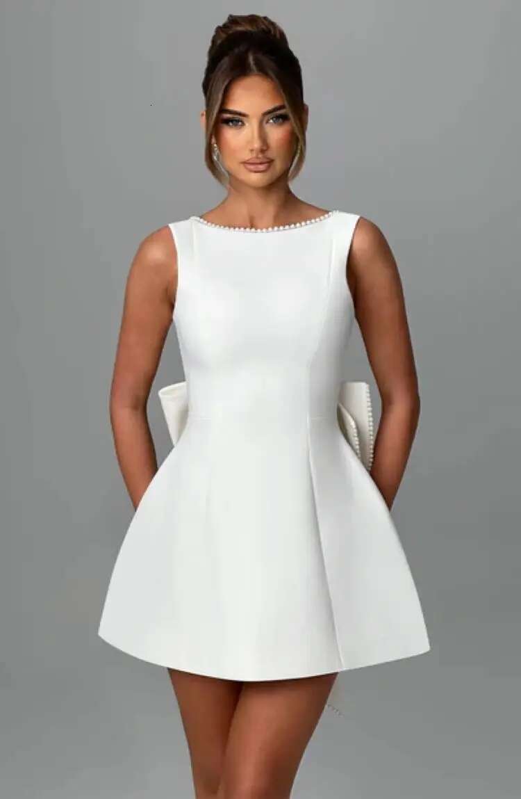 Elegant Pearl Bow Backless Sexy Mini Dress Women's Party Short Dresses White Black Pink Birthday Evening Wedding Summer
