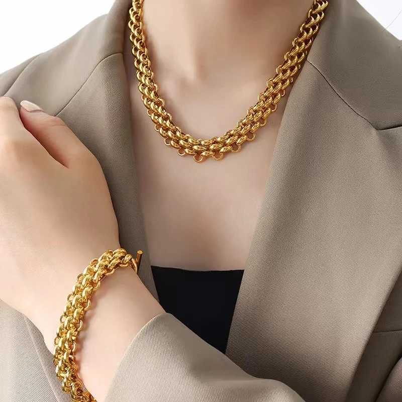 Ganemly 316L Stainless Steel Cuban Chain Declaration Necklace Bracelet Set Womens Fashion 18K Gold Plated Waterproof Jewelry Y250408