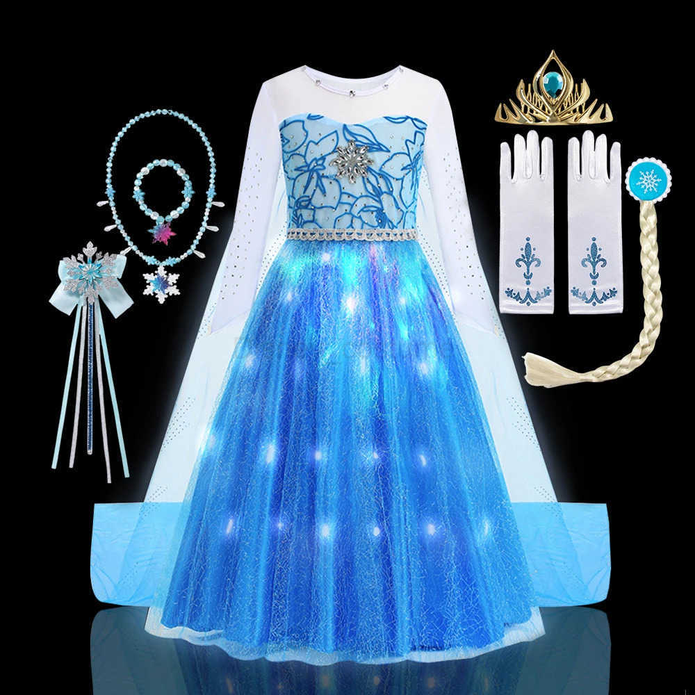 Disney Girls Princess LED Light Up Dress Birthday Carnival Party Luxury Elsa Costume Gowns Long Sleeve Beading Halloween Cosplay Cloth X250408