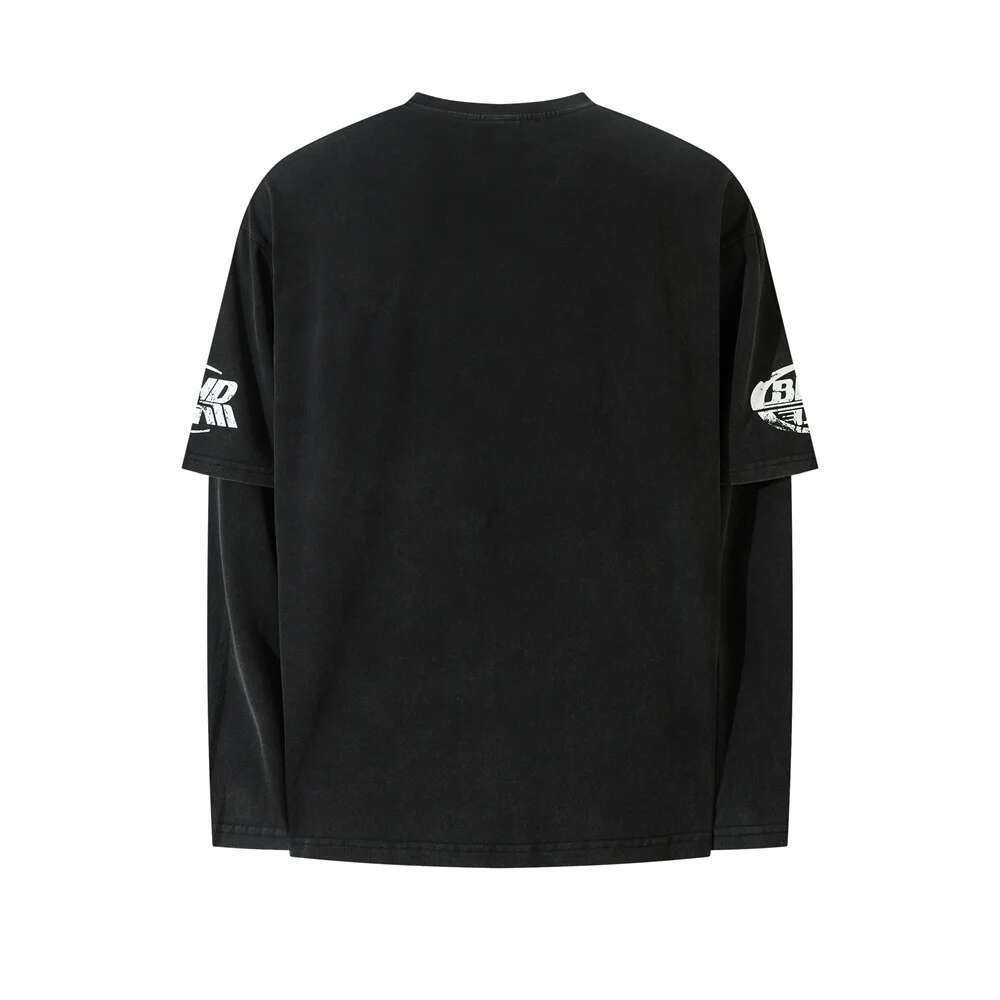 Letter Print Double-Sided Printed T-Shirt Mens High Street Washed Loose Cotton Long Sleeve Crew Neck Tee Men