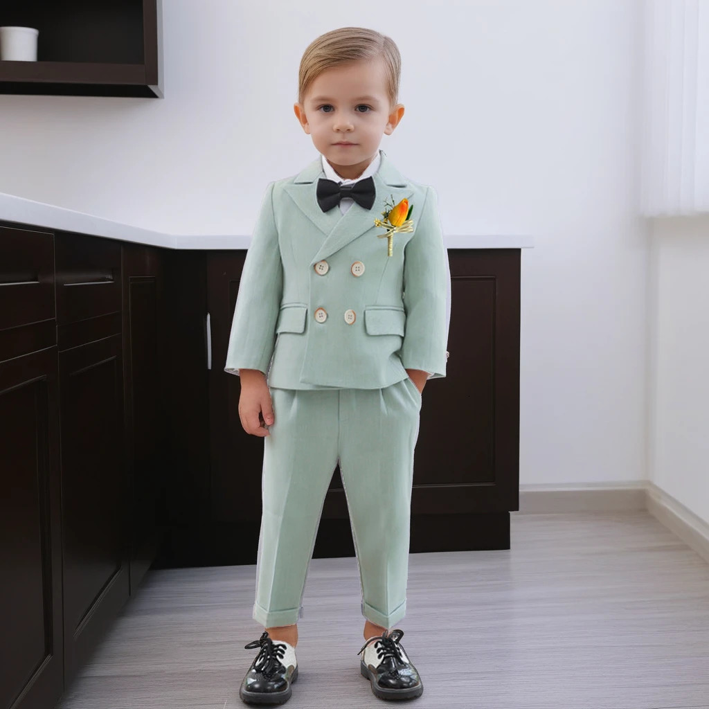 Boys Birthday Blazer Set Spring Preschool School Uniform Set Green Handsome Flower Childrens Wedding Clothing 2 3 4 6 8 Years 250408
