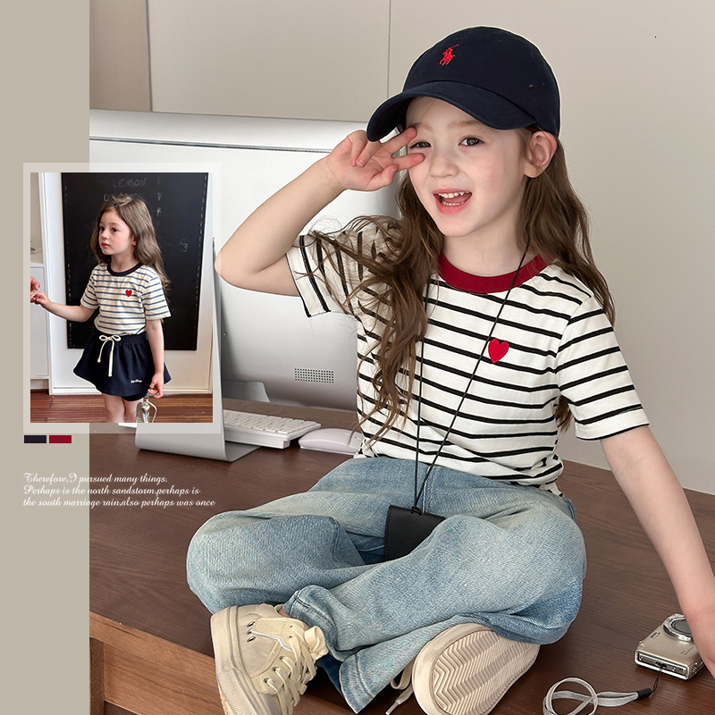 Ddmyshoesvip Children S Striped Short Summer Girls Korean Half Sleeve Stylish Contrast Embroidered Love T Shirt