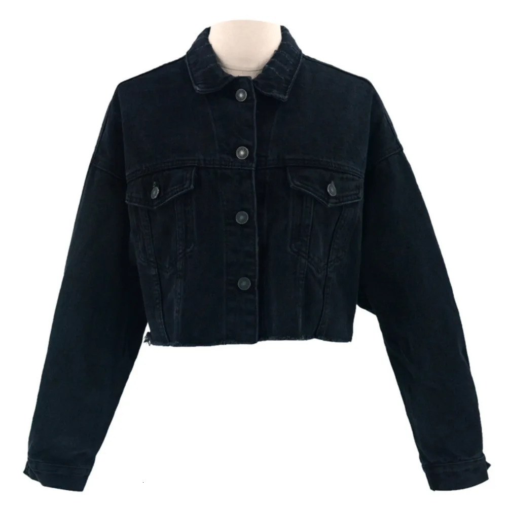 Womens spring jacket black denim lapel cut n vintage oversized Y2K short 250407