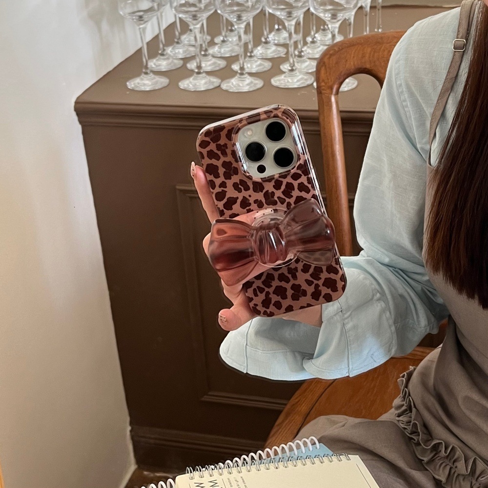 Full Edge Leopard Print Bow Stand Phone Case Compatible with iPhone 17/16 Pro Max Personalized iPhone 15/14