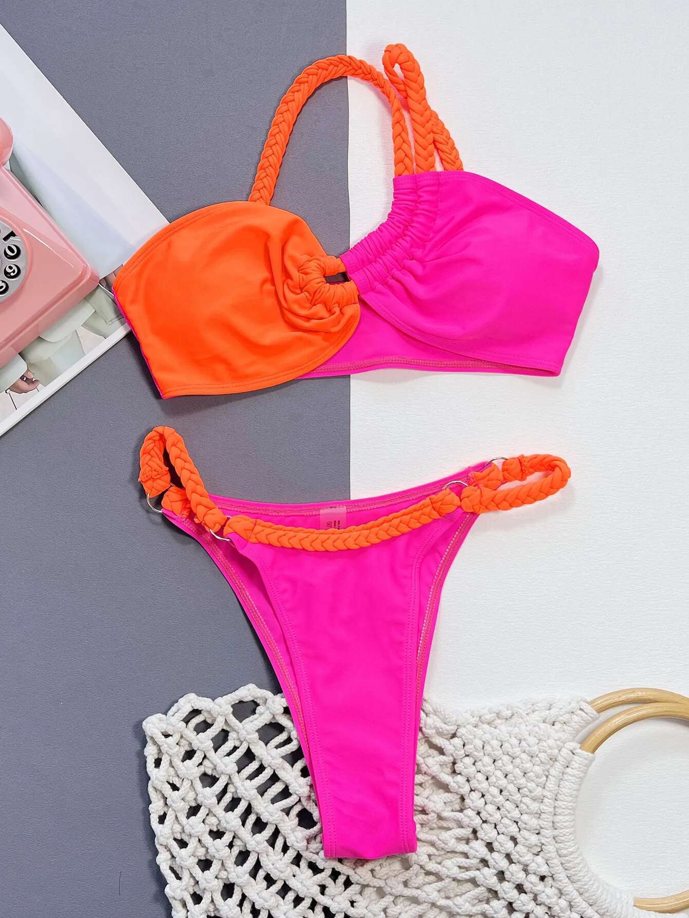 Dongdumaoyi Sexy Orange Hot Pink Contrast Bikini Set Women Rope One Shoulder Hollow Out Push Up Swimsuit Bathing Suit Thong Swimwear