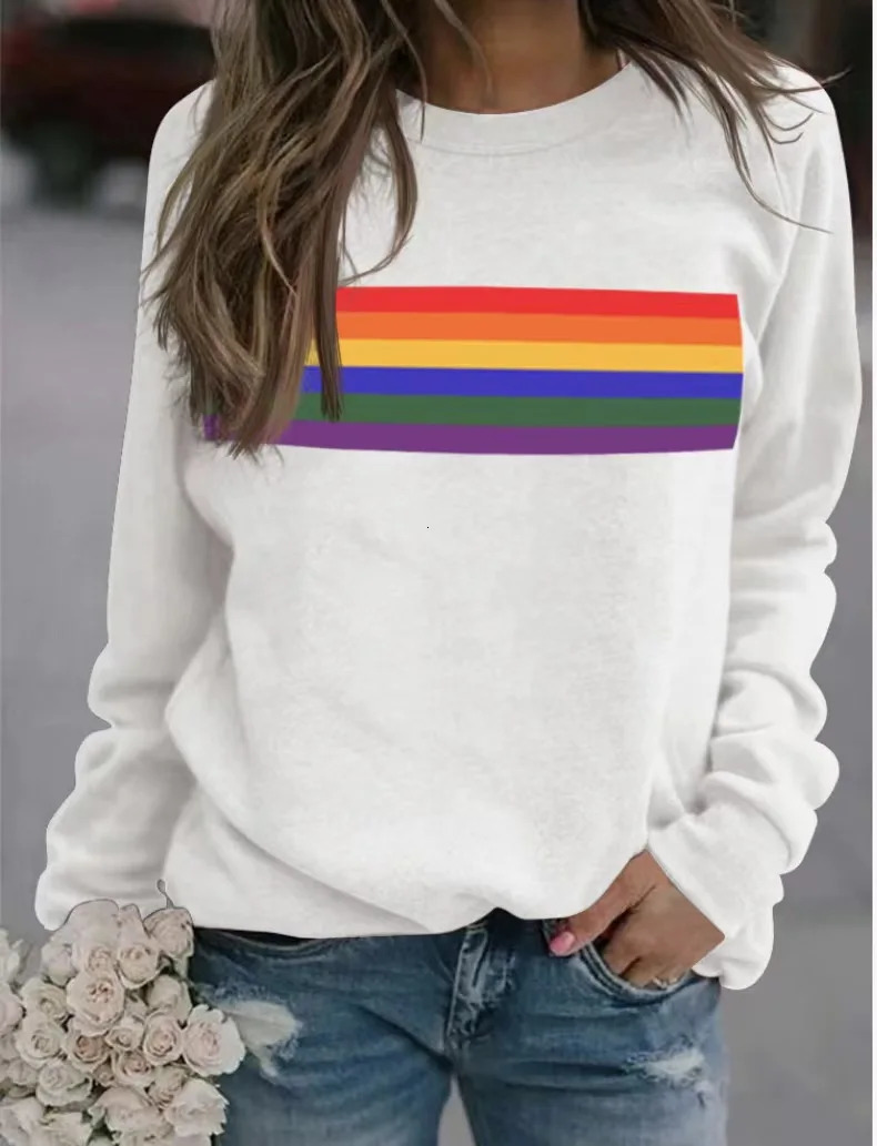 Womens Strapless Sportswear Fashion Trend Personalized Color Stripe 3D Printed Loose Casual Long Sleeve Tshirt 250331
