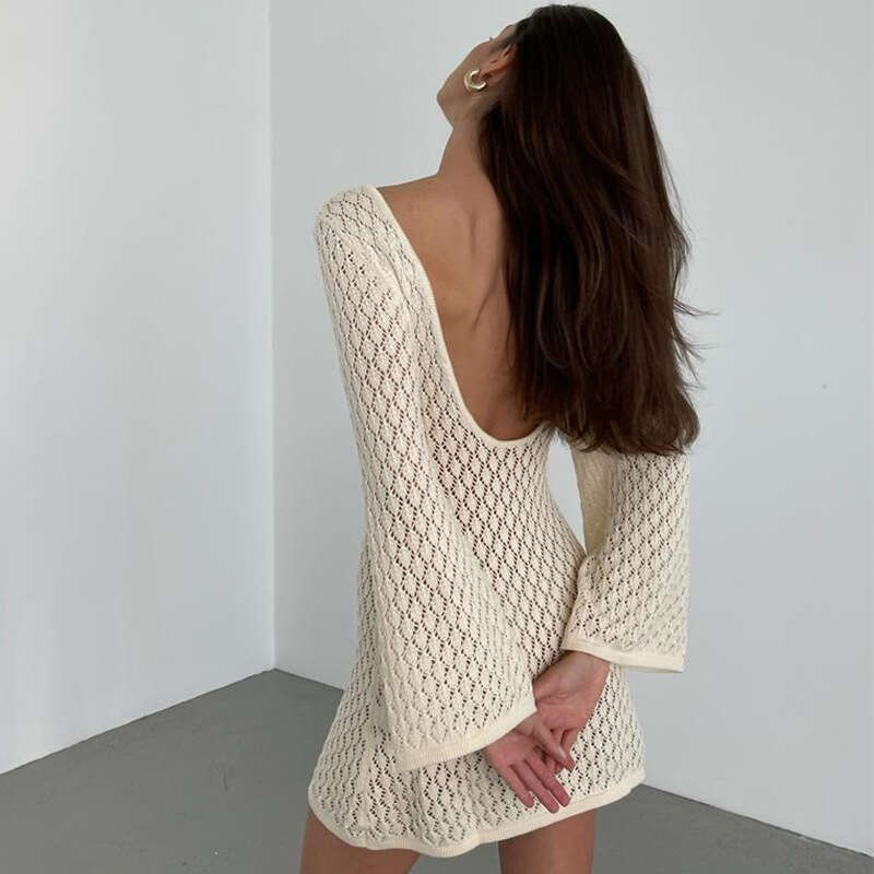 European and American Summer Beach Skirt Women's Solid Color Sexy Knitted Hollow Bikini Swimsuit Hoodie Sunscreen 2025 New Casual Versatile Fashi