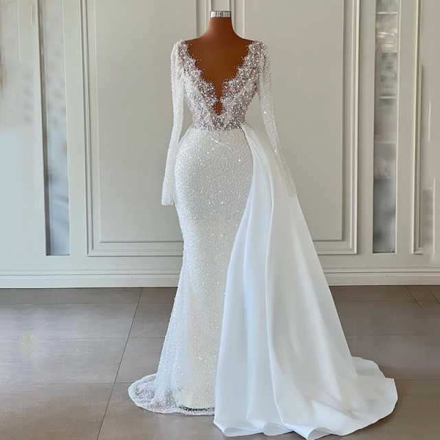 Crystals Mermaid Elegant Wedding Dresses With Sparkling Sequins Detachable Train Backless Party Plus Size Custom Made vestido de novia